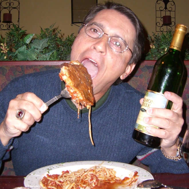 Bob eating Italian food